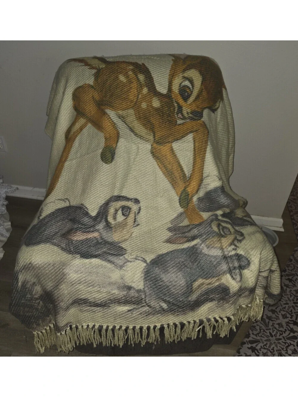 DISNEY PARKS BAMBI THUMPER RABBITS WOVEN TAPESTRY THROW BLANKET FRINGE